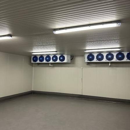 Interior de un cuarto frío terminado con evaporadores y piso epóxico